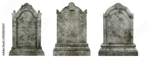 set of three stone tombstone isolated on transparent background grave