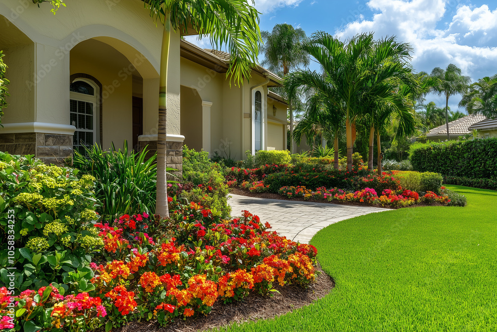 Obraz premium Beautiful florida house with bright flowers under clear sky at midday