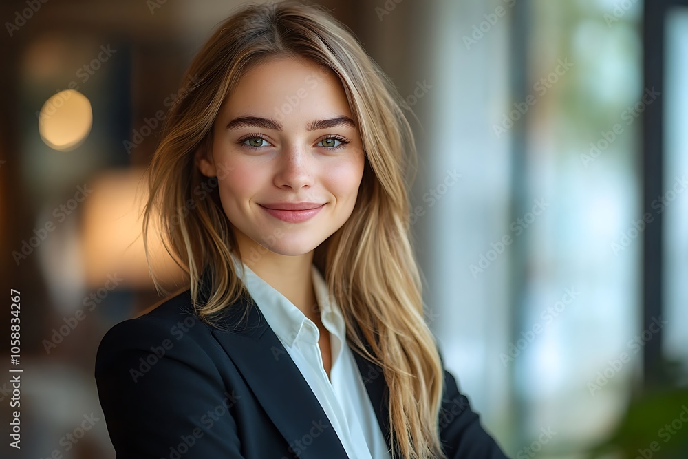 Smiling Businesswoman in Modern Office Setting with Blazer and White Shirt Smiling Businesswoman in Modern Office Setting with Blazer and White Shirt