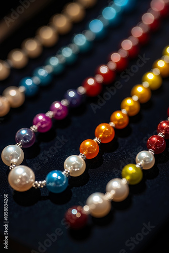 A close-up of a colorful necklace with beads in shades of blue, pink, orange, yellow, and white, strung on a silver chain