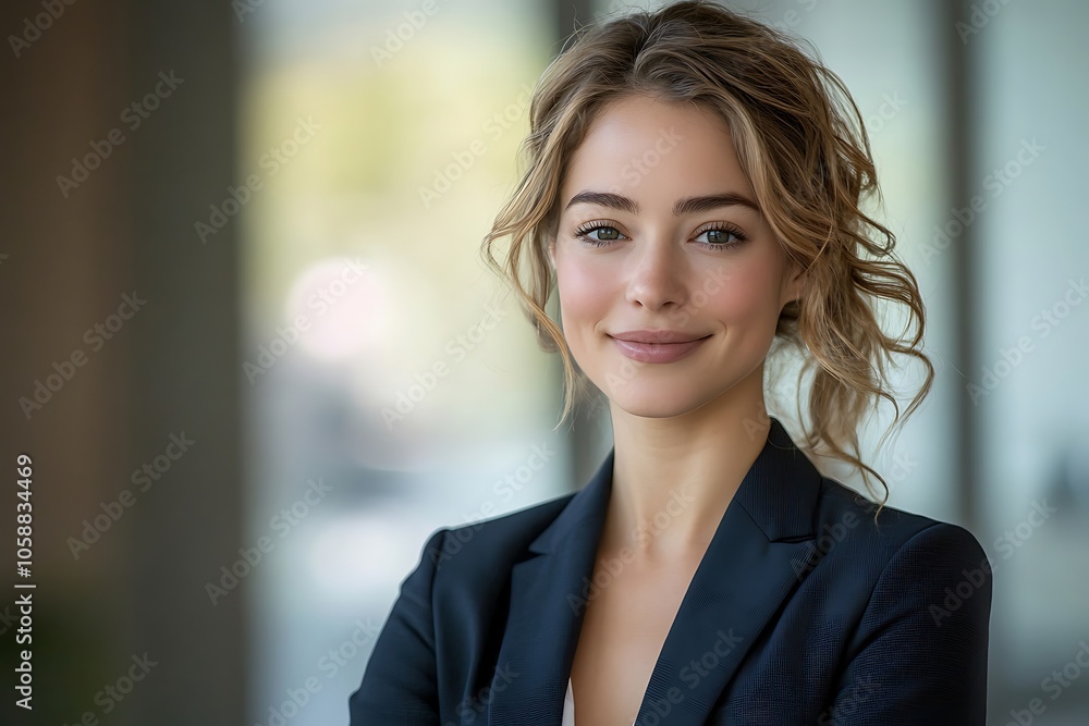 Smiling Businesswoman in Navy Blazer and White Shirt Portrait Smiling Businesswoman in Navy Blazer and White Shirt Portrait