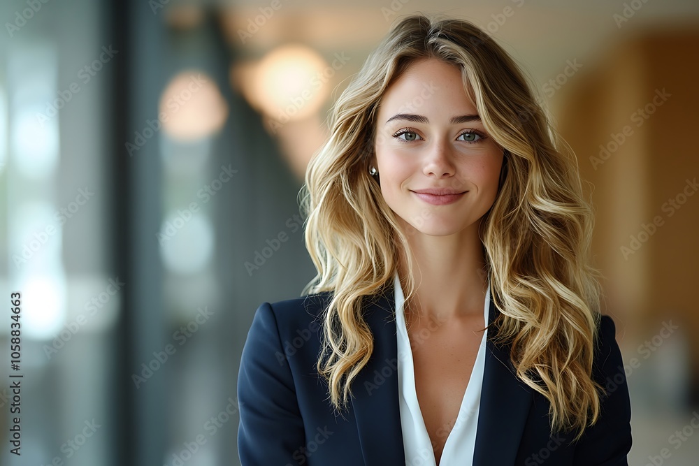 Smiling Businesswoman in Navy Blue Suit and White Shirt Smiling Businesswoman in Navy Blue Suit and White Shirt