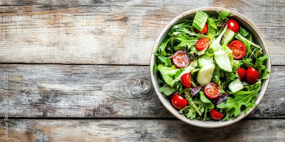 Concept of a healthy diet and weight loss illustrated by a fresh salad served in a bowl placed on a wooden table, all captured in morning light from a top view perspective. Concept of a healthy diet and weight loss illustrated by a fresh salad served in a bowl placed on a wooden table, all captured in morning light from a top view perspective.