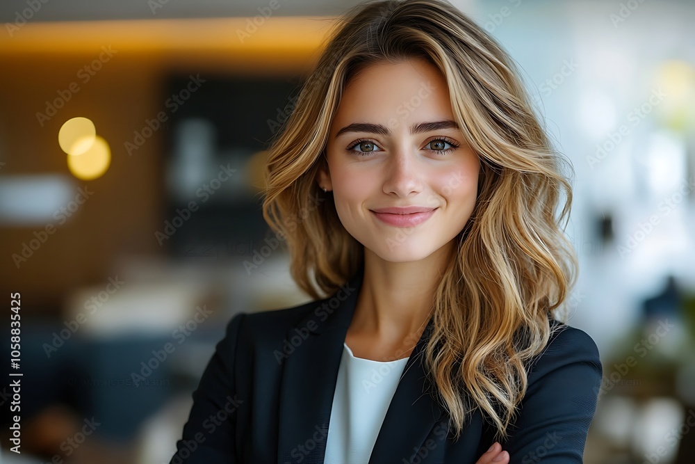 Smiling Businesswoman in Office Setting, Professional Portrait Smiling Businesswoman in Office Setting, Professional Portrait