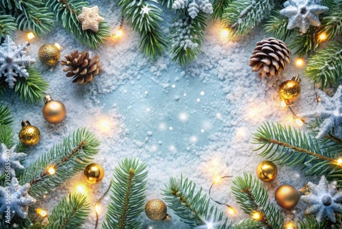 2025 New Year Celebration Background with Snowy Fir Tree Branches, Winter Wonderland Decor, Festive Atmosphere, Holiday Spirit, Seasonal Imagery, Winter Festivities, Joyful Celebration