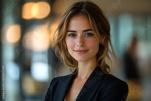 Smiling Businesswoman in Office with Wavy Hair and Blurred Background