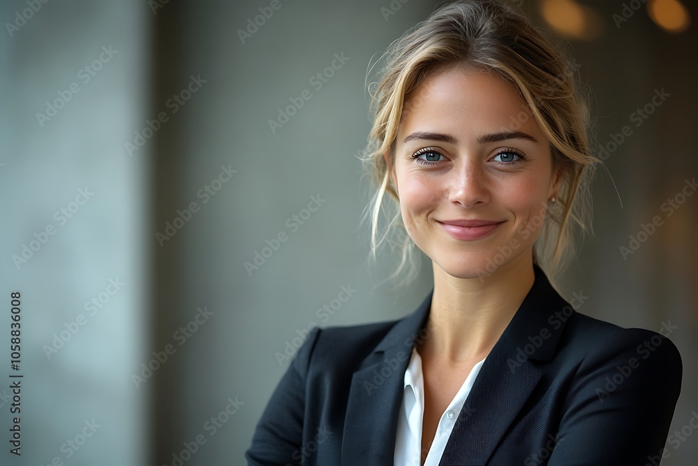 Smiling Businesswoman in Professional Attire with Studio Lighting Smiling Businesswoman in Professional Attire with Studio Lighting
