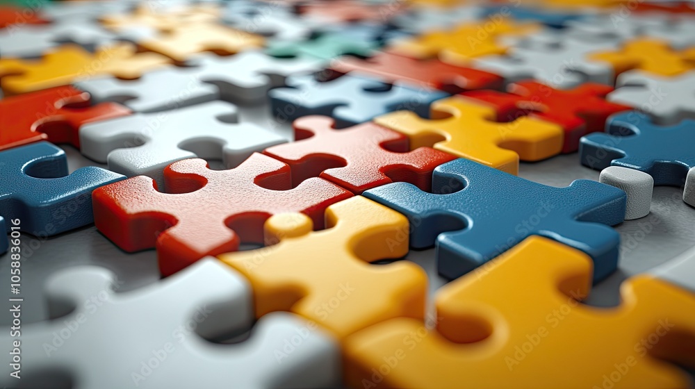Puzzle pieces connect, representing the power of collaboration and innovation in design, all on clean white background Puzzle pieces connect, representing the power of collaboration and innovation in design, all on clean white background