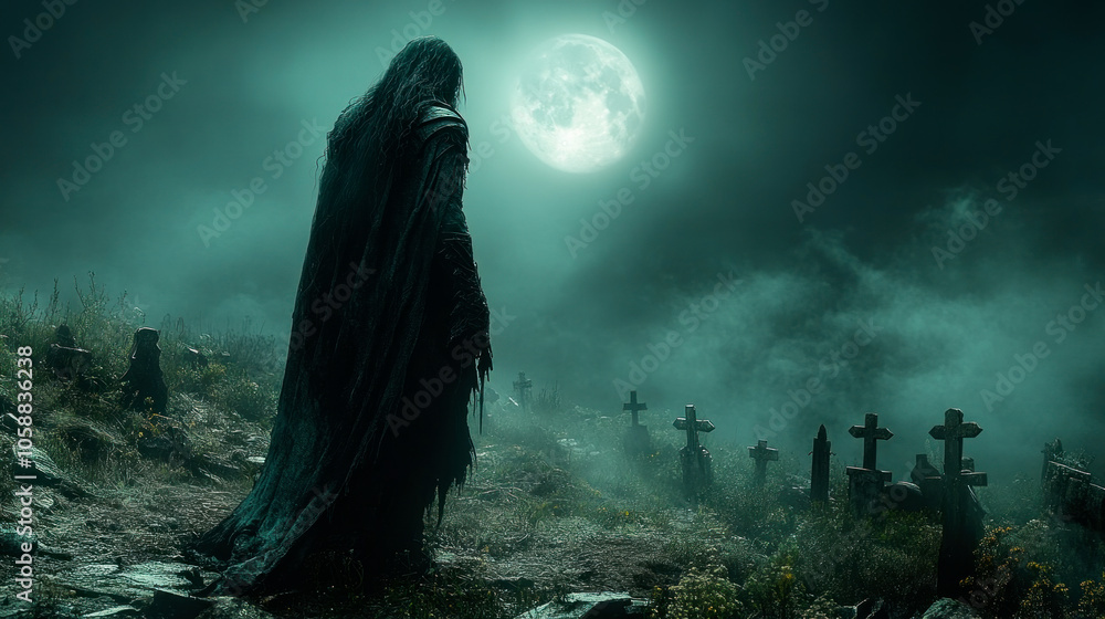 Evil sorcerer on old abandoned graveyard Evil sorcerer on old abandoned graveyard