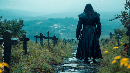 Dark wizard on old abandoned graveyard photo