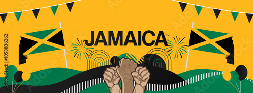 Jamaica independence day festive banner. Vibrant modern templates for holiday celebration, greeting card, billboard, and sport event backdrops. August 6th. Happy national day of Jamaica