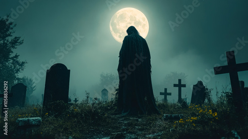 Evil sorcerer on old abandoned graveyard photo