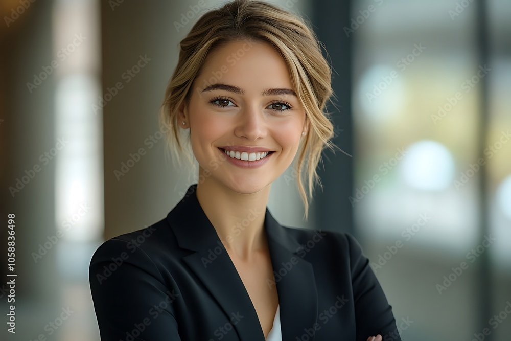 Smiling Businesswoman in Stylish Suit, Professional Office Portrait Smiling Businesswoman in Stylish Suit, Professional Office Portrait