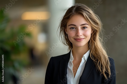 Smiling Businesswoman in Stylish Suit and White Shirt