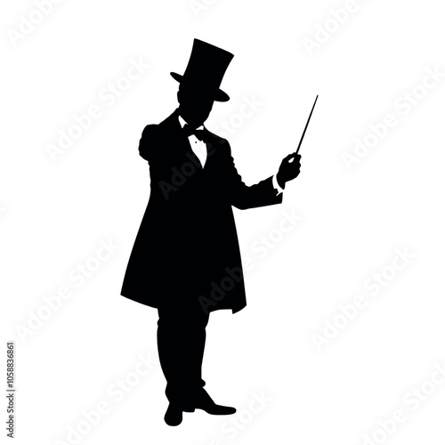 Silhouette of a magician tipping his top hat, standing confidently with one hand holding a wand,