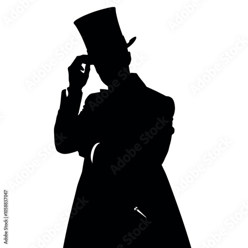 Silhouette of a magician tipping his top hat, standing confidently with one hand holding a wand,