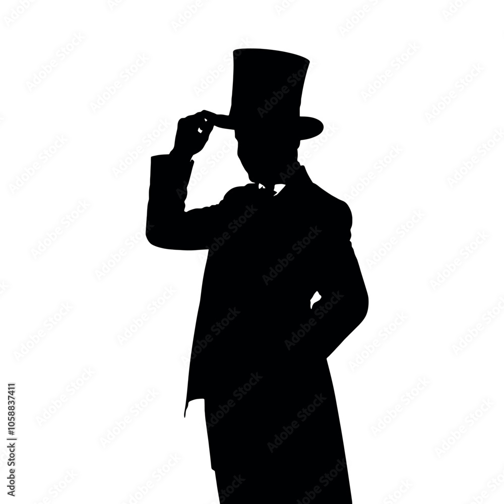 Silhouette of a magician tipping his top hat, standing confidently with one hand holding a wand, Silhouette of a magician tipping his top hat, standing confidently with one hand holding a wand,