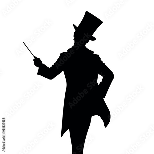 Silhouette of a magician tipping his top hat, standing confidently with one hand holding a wand,