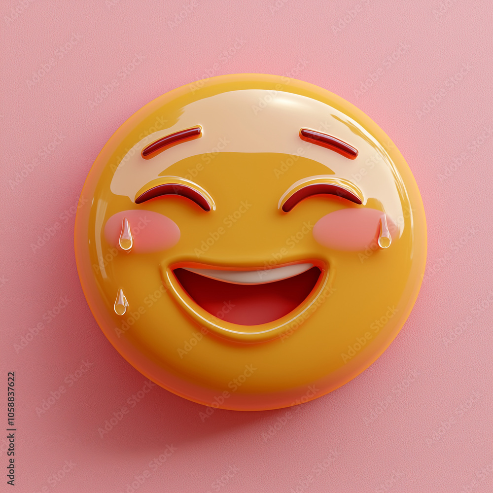Fototapeta premium Laughing Emoji - smiley, emoji, happiness, joy, expression, cute, fun, cartoon, playful, cheerful, design, laughter, vibrant, digital art, close-up, glossy, colorful