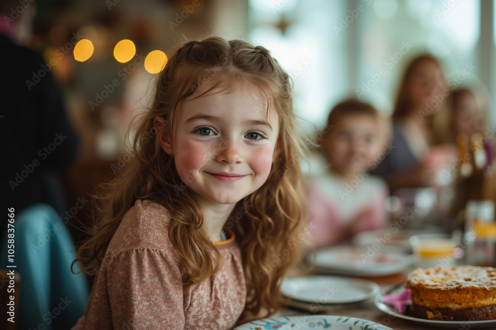 A young girl with curly hair is smiling at the camera while sitting at a table with a cake and other people A young girl with curly hair is smiling at the camera while sitting at a table with a cake and other people