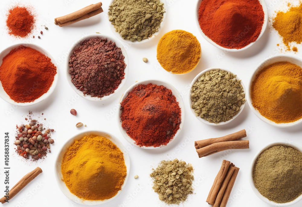 Set spices pile oregano red paprika powder turmeric cinnamon ginger isolated on white background top Set spices pile oregano red paprika powder turmeric cinnamon ginger isolated on white background top