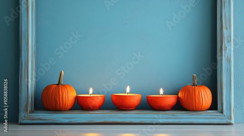 Pumpkin decor adorned with candles placed against a blue framed background, providing ample copy space for additional text or graphics related to pumpkin decor. photo