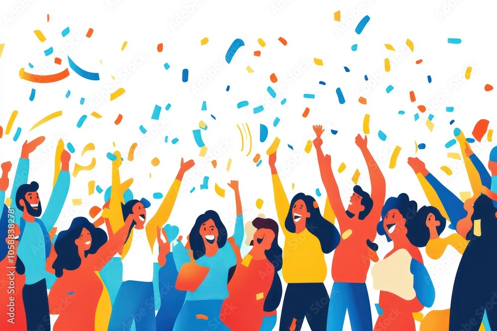 A joyful crowd of people celebrating with confetti and streamers. A joyful crowd of people celebrating with confetti and streamers.