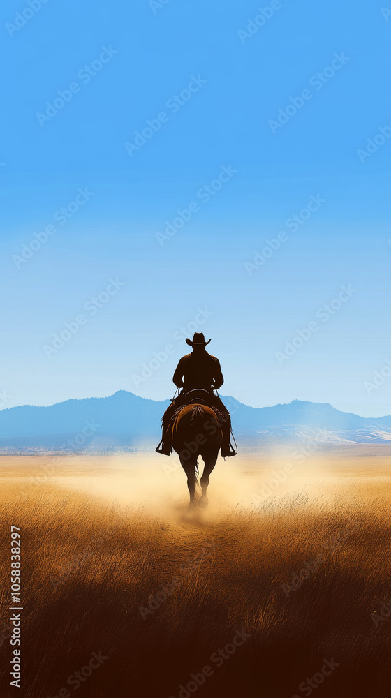 cowboy rides galloping horse across vast prairie, dust rising under clear blue sky. cowboy rides galloping horse across vast prairie, dust rising under clear blue sky.
