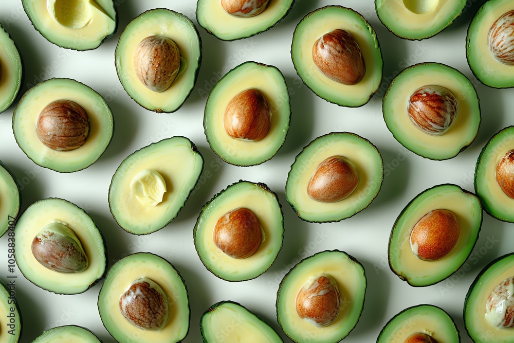 A flat lay pattern of halved avocados with pits on a white background. A flat lay pattern of halved avocados with pits on a white background.