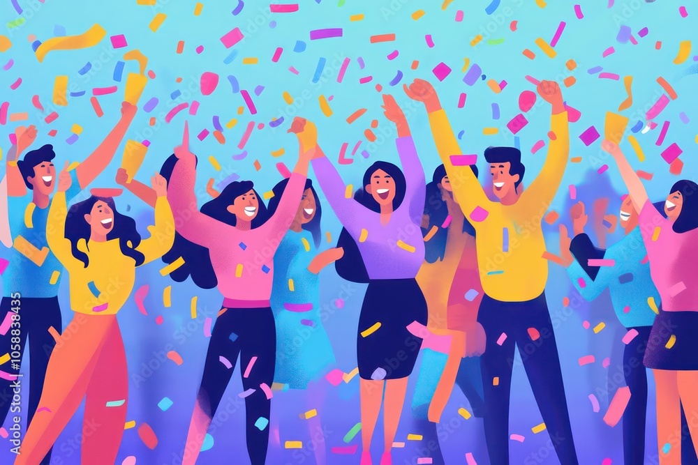 A joyful crowd of people celebrating with confetti and streamers. A joyful crowd of people celebrating with confetti and streamers.