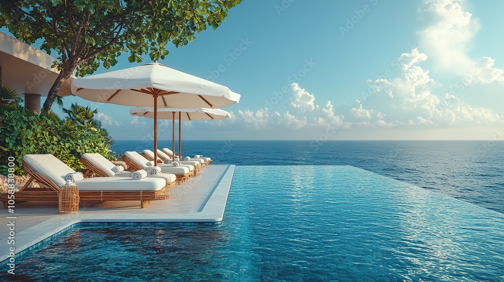 Obraz premium Relaxing by the pool on vacation, with deck chairs and umbrellas overlooking the ocean
