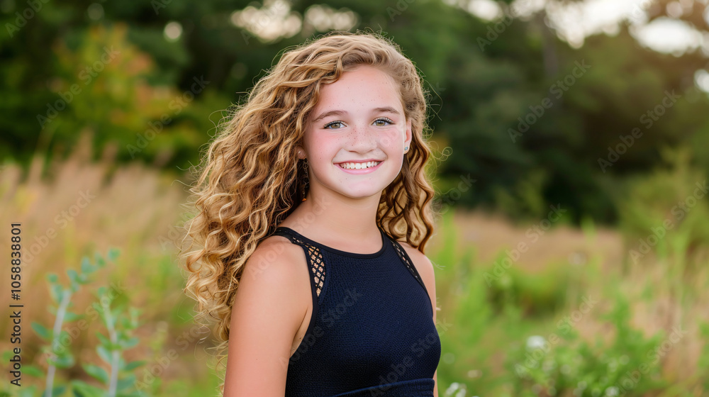 a joyful young girl with genuine smile in sunlit meadow a joyful young girl with genuine smile in sunlit meadow