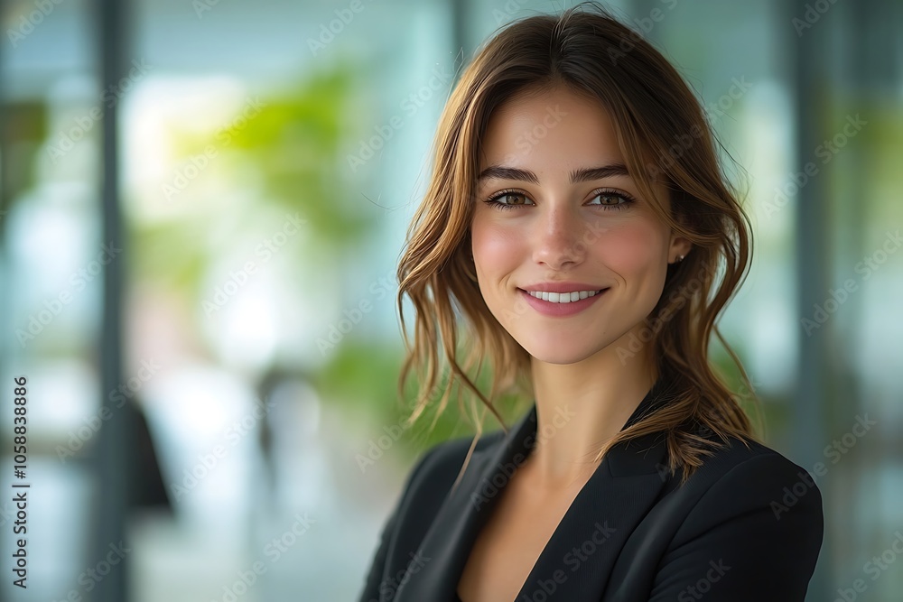 Smiling Businesswoman Portrait - Office Setting with Blurred Background Smiling Businesswoman Portrait - Office Setting with Blurred Background
