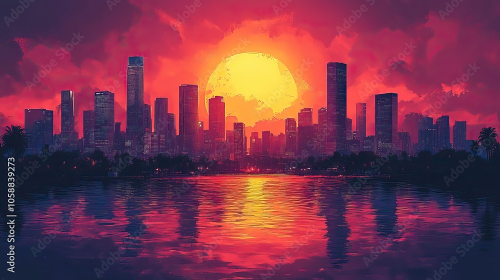 Obraz premium Retro city skyline in pop art style showing tall buildings at sunset