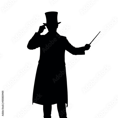 Silhouette of a magician tipping his top hat, standing confidently with one hand holding a wand,