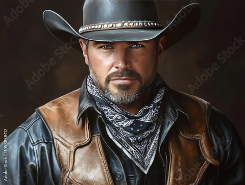 rugged cowboy with stern expression, wearing leather vest and hat, exudes confidence and strength. His bandana adds classic touch to his traditional Western attire. photo