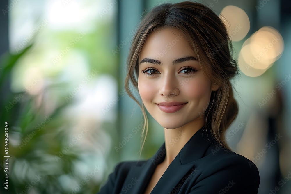 Smiling Businesswoman Portrait with Natural Light and Green Foliage Background Blur Smiling Businesswoman Portrait with Natural Light and Green Foliage Background Blur