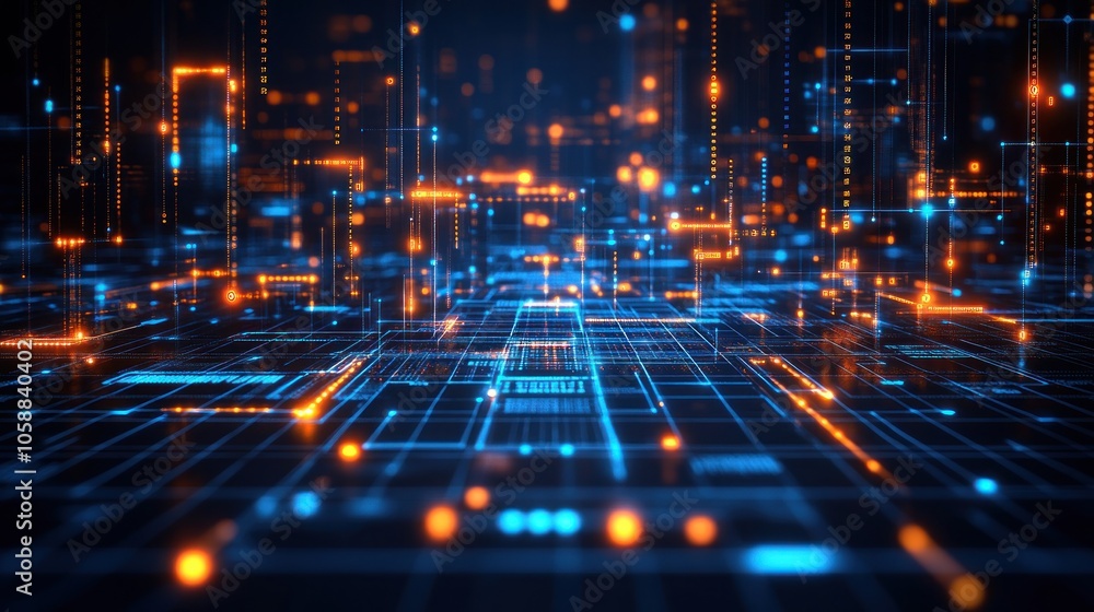 Abstract digital network with glowing lines and data. Abstract digital network with glowing lines and data.