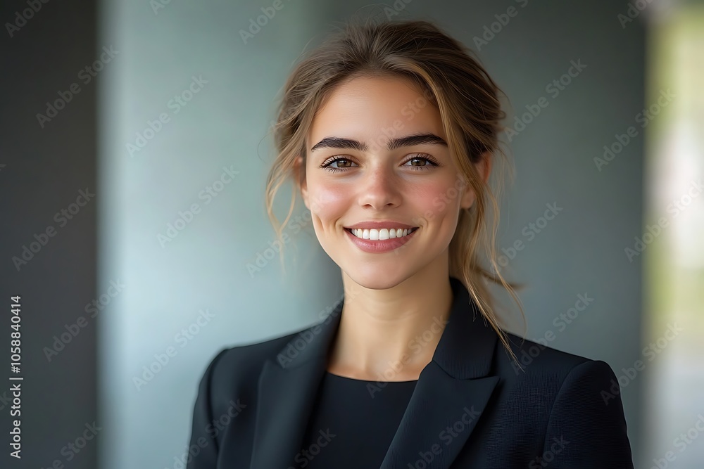 Smiling Businesswoman with Ambition and Confidence in Office Setting Smiling Businesswoman with Ambition and Confidence in Office Setting