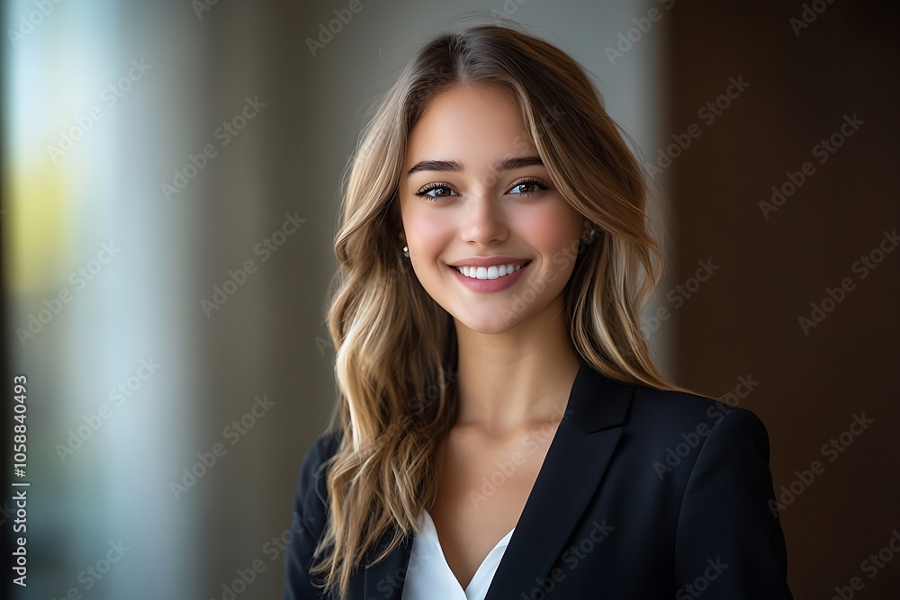 Smiling Businesswoman with Blonde Hair and White Shirt in Office Setting Smiling Businesswoman with Blonde Hair and White Shirt in Office Setting