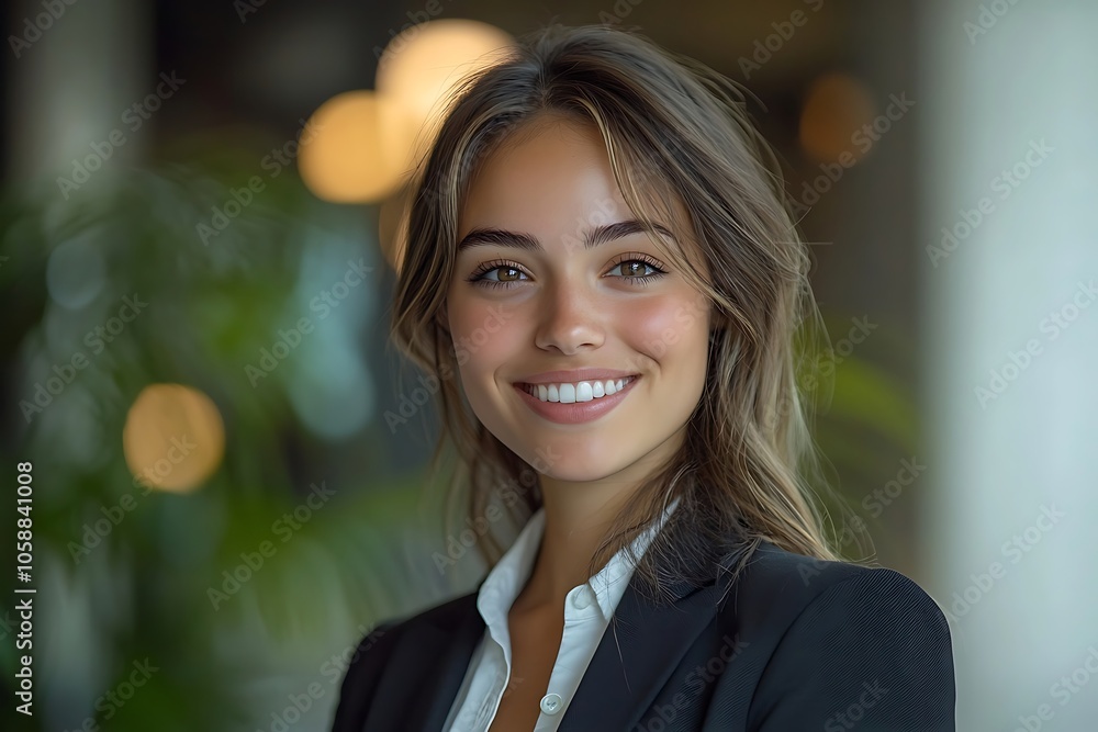 Smiling Businesswoman with Brown Eyes in Indoor Office Setting Smiling Businesswoman with Brown Eyes in Indoor Office Setting