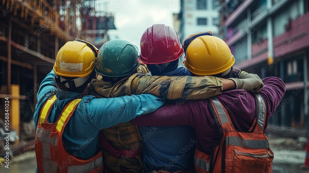 Three construction workers in high-visibility gear embrace on-site, symbolizing teamwork and professionalism in the construction industry. Perfect for themes of engineering, project collaboration. Three construction workers in high-visibility gear embrace on-site, symbolizing teamwork and professionalism in the construction industry. Perfect for themes of engineering, project collaboration.
