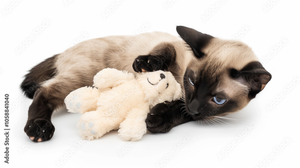 Bombay kitten caresses polar bear plush toy on white transparent background, engaging gaze for photogenic imagery.
Bombay kitten caresses polar bear plush toy on white transparent background, engaging gaze for photogenic imagery.
