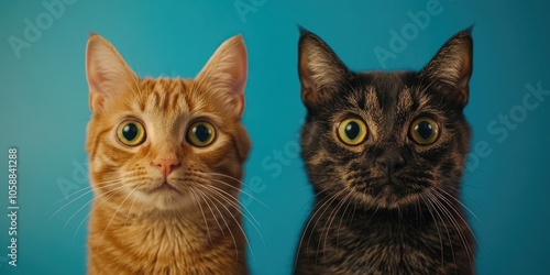 Two cat heads are featured up close against a blue backdrop, highlighting their unique features and expressions against the vivid blue background.