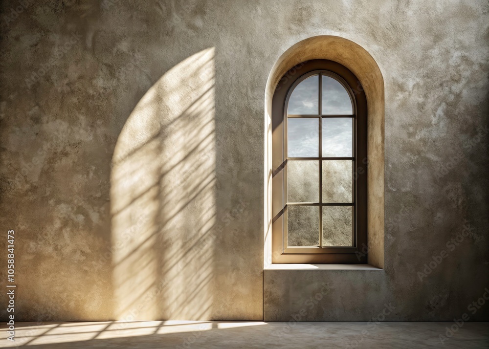Beautiful Portrait Photography of Light Streaming Through an Arched Window on a Concrete Wall, Ideal for Modern Interiors, Home Decor, and Artistic Spaces Beautiful Portrait Photography of Light Streaming Through an Arched Window on a Concrete Wall, Ideal for Modern Interiors, Home Decor, and Artistic Spaces