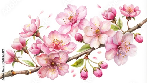 Beautiful Sakura Blossom on White Background - Watercolor Cherry Buds, Pink Floral Art, Cherry Blossom Branch, Blooming Sakura Flowers, Vector Illustration for Elegant Designs