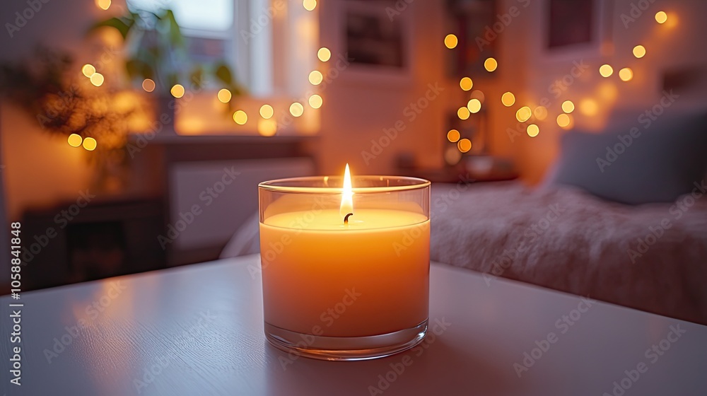 Scented candle on white table creating cozy and aromatic bedroom ambiance Scented candle on white table creating cozy and aromatic bedroom ambiance