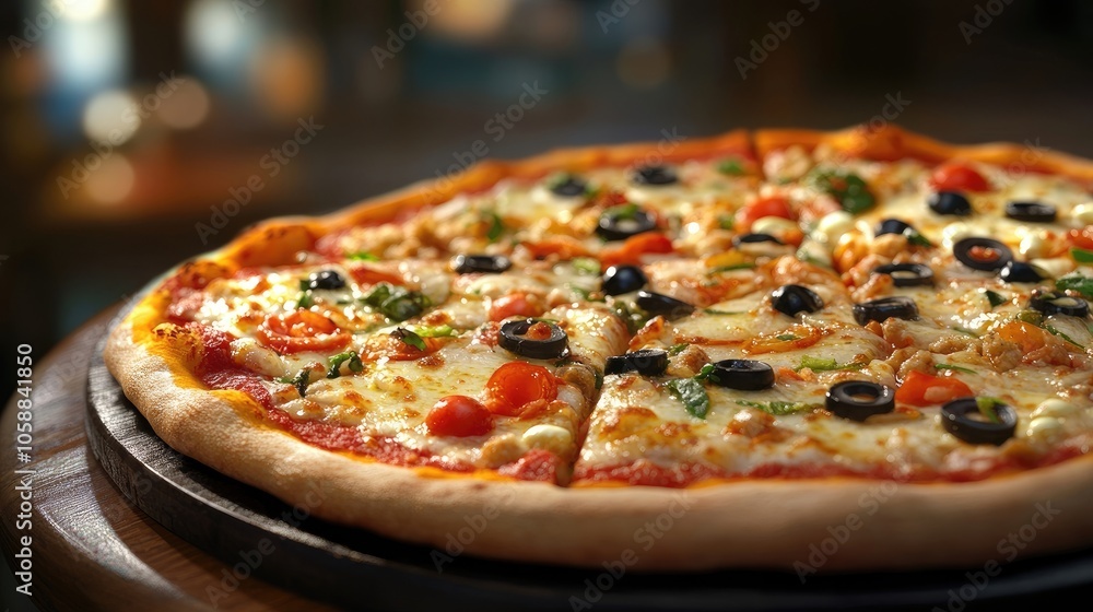 Deliciously Freshly Baked Pizza adorned with an array of Toppings, capturing the vibrant colors and textures. Ideal for a culinary backdrop with ample copy space. Deliciously Freshly Baked Pizza adorned with an array of Toppings, capturing the vibrant colors and textures. Ideal for a culinary backdrop with ample copy space.