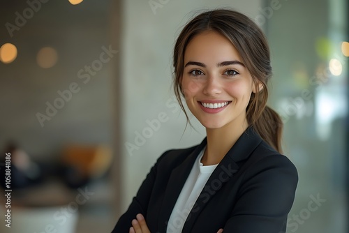 Smiling Businesswoman with Confident Eyes in Modern Workspace