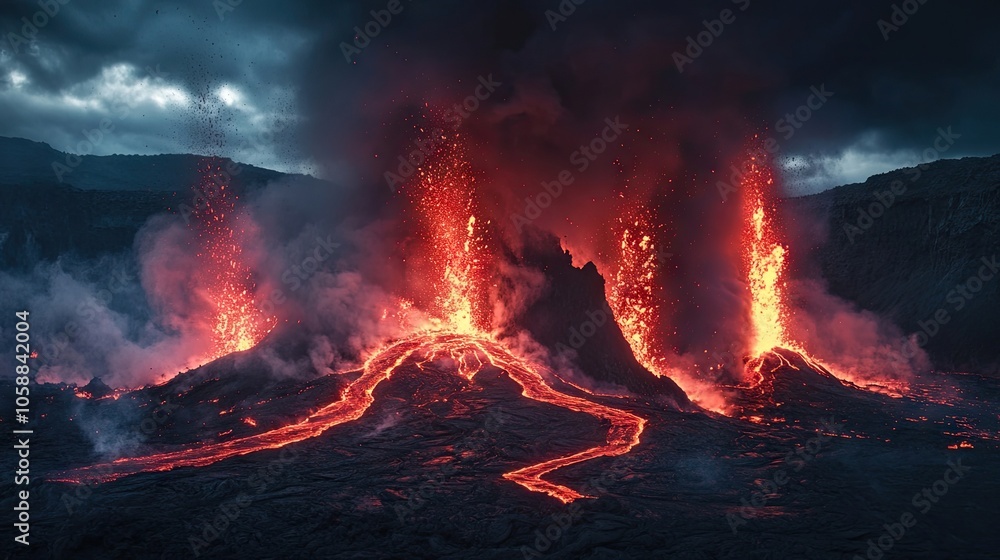 Volcanic lava cones emit thick smoke with red-hot magma flowing, creating a scene of danger and eruption. Capture the intensity of volcanic activity with ample copy space. Volcanic lava cones emit thick smoke with red-hot magma flowing, creating a scene of danger and eruption. Capture the intensity of volcanic activity with ample copy space.